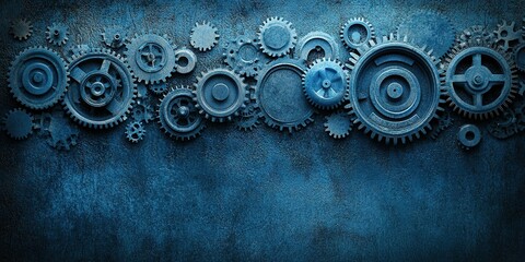 Poster - Metal gears and cogs on a blue textured background highlighting industrial design and mechanical engineering