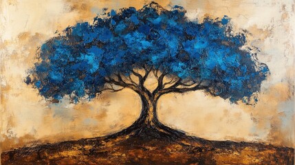Poster - Impressionistic blue tree artwork with textured brushstrokes on canvas creating a serene and artistic mood with a golden background