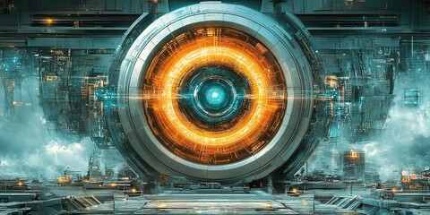 Poster - Futuristic technology hub featuring an energetic circular portal with glowing elements and a detailed urban landscape