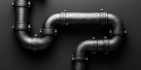 Poster - Black industrial pipes arranged in a complex layout on a dark background