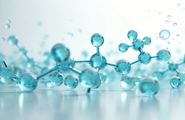 Poster - 3D illustration of aquamarine water molecules on white backdrop. Rubber spheres linked in scientific molecular structure. Visual for chemistry biology projects, medicine, science pharmaceutical
