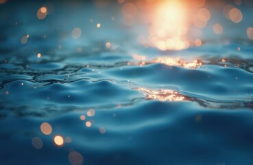 Aufkleber - Blurred blue water surface with bokeh lights, sunlight reflection. Clear sea liquid motion with ripple pattern. Shining wet flow with splash waterdrop. Abstract nature background. Generative AI