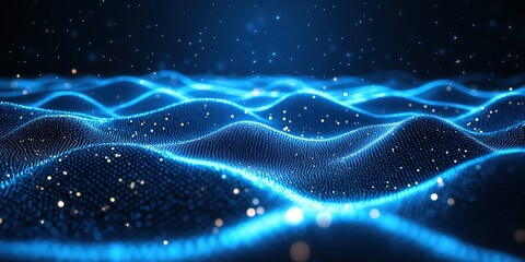 Poster - Digital landscape of shimmering blue waves against a dark backdrop during a cosmic setting