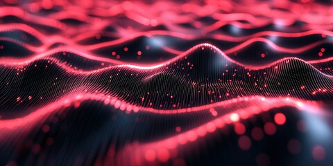 Poster - Bright red waves of light creating an abstract digital landscape with depth and movement