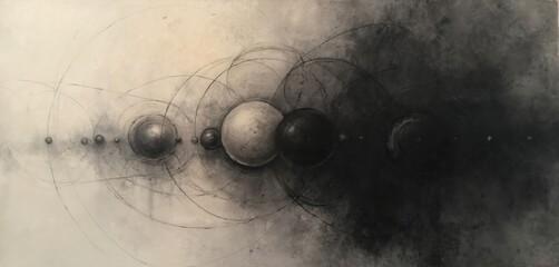 Aufkleber - Vintage charcoal painting in circular style. Delicate hues blend in circular formations. Spheres connected by orbits, evoke depth. Circles create cosmic, astronomical, geometric, mystic feel. Great