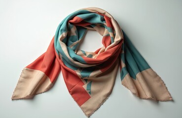 Poster - Silk scarf with geometric pattern in red, turquoise, beige colors lies on white background. Fashionable foulard, fabric design for textile industry, clothes. Showcase platform, product presentation