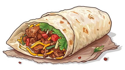 A colorful shawarma wrap filled with tender meat fresh vegetables and herbs is displayed in a cartoon style. The wrap is isolated against a blank background ideal for various uses