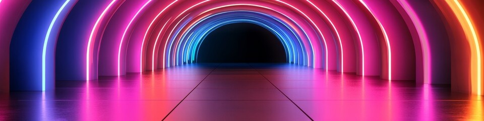 Wall Mural - Neon Tunnel Background, Glowing Stripes, Synthwave Colors, Retro Style, Digital Illustration.