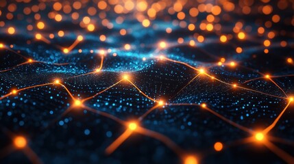 Poster - Abstract network connection with glowing nodes and lines on a dark blue background creating a futuristic and technological atmosphere with digital art