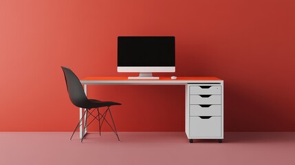 Poster - Minimalist workspace, desktop computer, red wall, office
