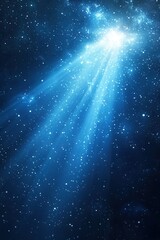 Poster - Ethereal cosmic light beams descend through a celestial blue galaxy filled with twinkling stars and nebulae creating a magical atmosphere