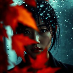 Young japanese woman gazing through rain-speckled glass vivid autumn leaves blurring the foreground East Asian china japan japanese asian korea korean taiwan east asia singapore singaporean chinese ta