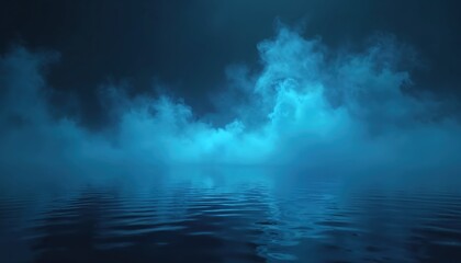 Aufkleber - Illustration shows blue glowing smoke, magic haze clouds, fog, mist spreading over water surface at night. Mysterious natural air phenomenon in a nightclub perspective view.