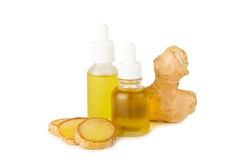 Wall Mural - Ginger essential oil isolated on white background. Fresh ginger slices. Essence, serum, oil. Alternative medicine. Phytotherapy. Health and beauty concept.