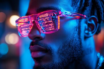 side view of a programmer in a dark room with neon code reflecting on their glasses