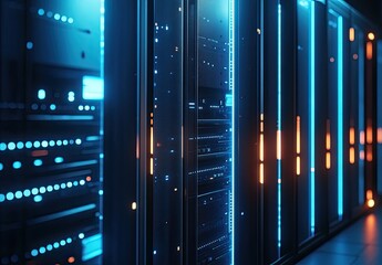 Poster - Close-up of glowing server racks in a futuristic data center with blue and orange lights. Ideal for cybersecurity, cloud computing, IT infrastructure, and digital storage concepts