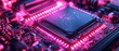 © Duskcraft - Futuristic motherboard with central processing unit illuminated by vibrant pink light for high tech concepts
