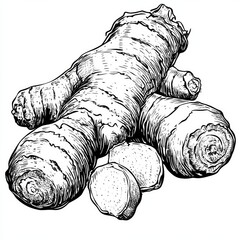 Detailed black-and-white sketch of fresh ginger root with two cross sections