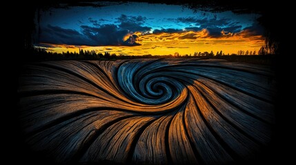 Poster - Sunset Sky Over Wooden Spiral Vortex Landscape