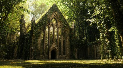 Wall Mural - Medieval Stone Chapel Abandoned in Enchanting Green Forest