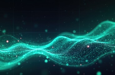 Poster - Abstract futuristic background with blue green glowing lines, bokeh lights. Data transfer concept wallpaper design. Dynamic energy, vibrant colors, ideal for modern cyber space, science fiction.