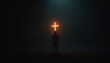 © miss irine - Person stands in darkness holding glowing cross symbol of faith. Light beams down on man in silhouette. Hope for overcoming challenge through religion, divine belief, sacred prayer.