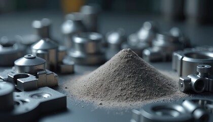 Aufkleber - Illustration of metal parts production via powder compaction, sintering in powder metallurgy industry. Iron steel material particles pile, grained, metallic, electromagnetism concept for metallurgy