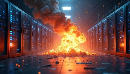 Fototapete - Illustration shows explosion in data center. Servers engulfed in flames, debris. Destruction of infrastructure, loss of data, security breach, network failure, equipment damage. Emergency situation,