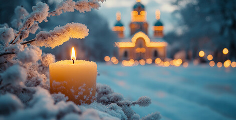 Canvas Print - A burning candle in the snow on the background of an Orthodox church.