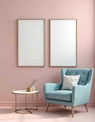 Aufkleber - Minimal interior with two blank white rectangular frames on light pink wall above light blue armchair. Gold decor on coffee table with vase. Modern room design with copy space for mock-up.