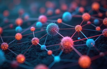 Poster - Abstract illustration of network structure with pink, blue spheres connected by lines. Concept for teamwork, community, social connections, global networking molecular structure. Perfect for science,