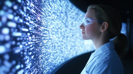 Poster - woman scientist in lab coat analyzing digital data visualization on blue glowing screen. technology 