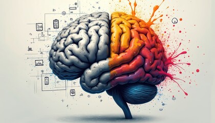 Leinwandbilder - Vibrant illustration of human brain with splashes of paint, colorful abstract elements. Graphic concept of mind, intelligence, creativity, brainstorm, mental health, cognitive functions, neural