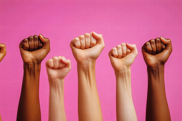 Empowering close-up of women's fists raised in solidarity with varying skin tones, ideal for promoting equality events, campaigns, or social justice initiatives.