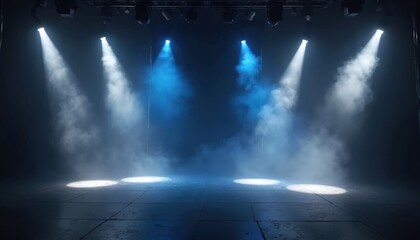 Poster - Abstract dark blue night club interior, lit illuminated stage. Spotlight beams cut through smoke-filled room. Bright spots shine on empty dance floor, glow from lamps. Perfect for musical events.