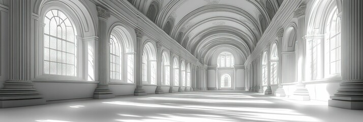 Wall Mural - Serene white hall, arched windows, sunlight streams.