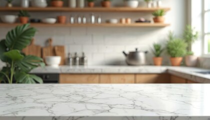 Aufkleber - Empty white marble stone table top kitchen counter, desk. Blurred kitchen, restaurant bokeh light background for food product display mockup, template. Modern interior with potted plants on shelves,