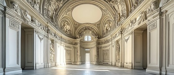 Wall Mural - Sunlit ornate hall, classical sculptures, elegant architecture.