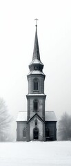 Wall Mural - Snow-covered church stands serene winter landscape.