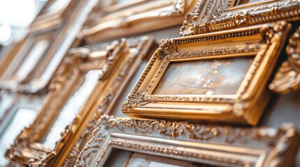 Elegant collection of ornate gold frames, each with unique details, displayed on a clean white background