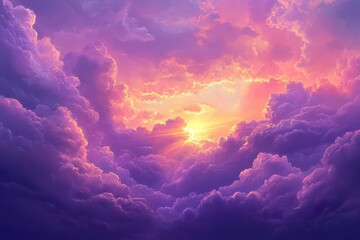 atmospheric twilight cloudscape with molten gold sunbeams piercing through layered violet and rose-tinted cumulus clouds