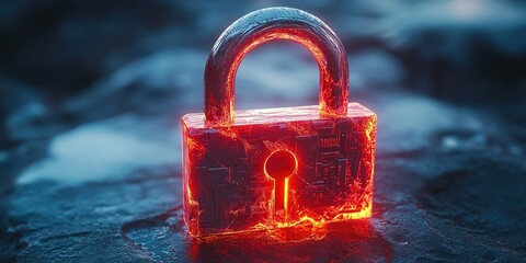 Poster - Creative representation of a glowing lock resting on a dark surface in a dramatic lighting setting