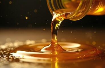 Aufkleber - Macro shot of golden liquid pouring out from glass. Splashing oil or honey stream. Organic olive oil. Yellow gold liquid backdrop for culinary, beauty and wellness projects.