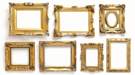 Elegant collection of ornate gold frames, each with unique details, displayed on a clean white background