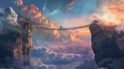 Dreamlike sky bridge connecting two celestial islands