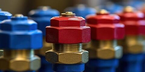 Poster - Colorful industrial valves arranged in a row showcasing their detailed design in a workshop environment