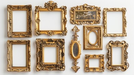 Elegant collection of ornate gold frames, each with unique details, displayed on a clean white background