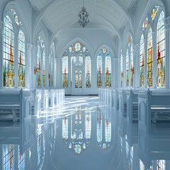 Wall Mural - Serene white chapel, stained glass windows, tranquil light.