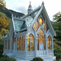 Wall Mural - Serene Gothic chapel, stained glass glows, autumnal landscape.