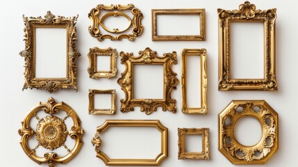 Elegant collection of ornate gold frames, each with unique details, displayed on a clean white background